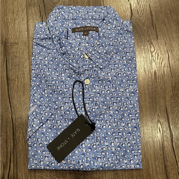 New Slate & Stone Men's Printed Poplin Blue Short Sleeve Button Flower Shirt XL - Picture 2 of 11